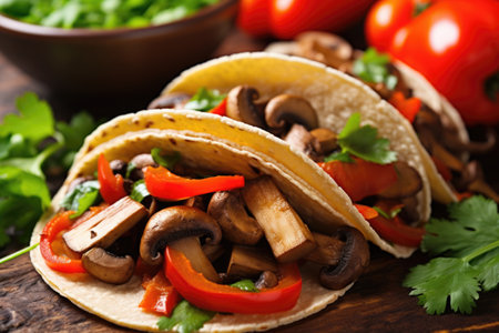 close-up of a vegan taco with mushrooms and bell peppers, created with generative aiの素材