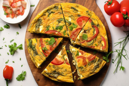 overhead shot of veggie omelette cut into slices, created with generative aiの素材