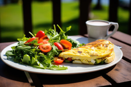 veggie omelette with side salad on bright sunny day, created with generative aiの素材