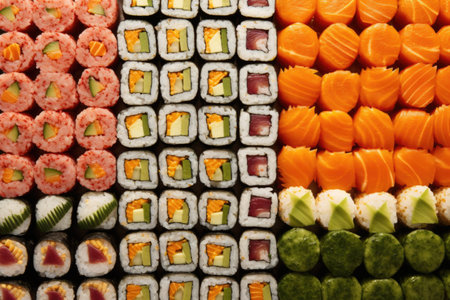 aerial view of an assortment of wrapped sushi rolls, created with generative aiの素材