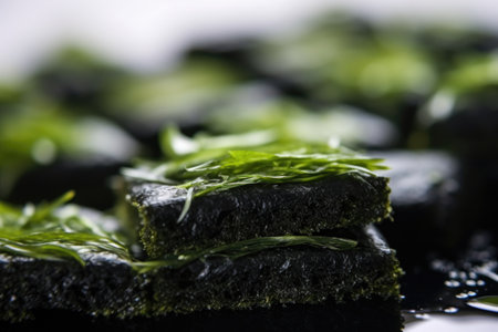 detail shot of sushi rolls with textured nori layer, created with generative aiの素材