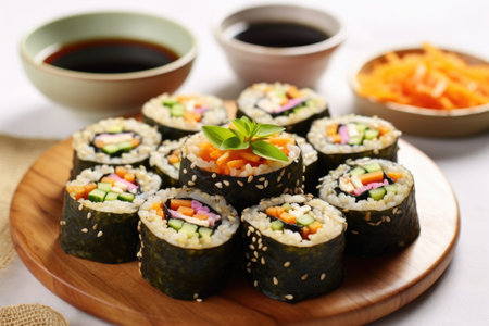 veggie sushi rolls near a small bowl of soy sauce, created with generative aiの素材