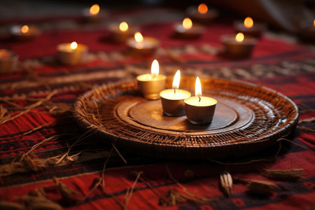 kinara with unlit candles on a traditional mkeka mat, created with generative aiの素材