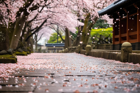 cherry blossom petals falling onto a stone pathway, created with generative aiの素材