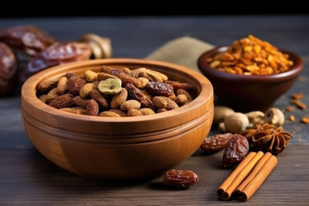 dried figs and dates in a wooden bowl, created with generative aiの素材