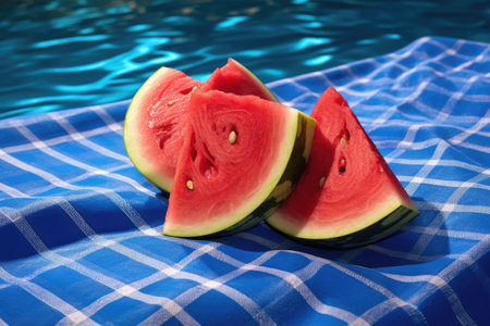 watermelon pieces on a blue picnic blanket near the pool, created with generative aiの素材
