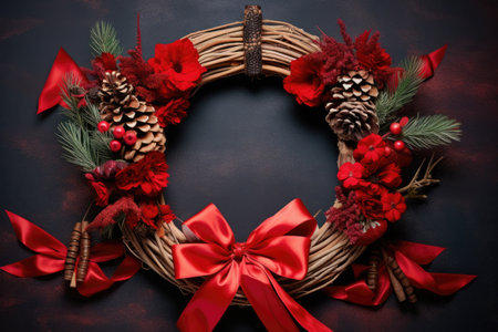 homemade wreath made of pine branches, cones, and red ribbons, created with generative aiの素材
