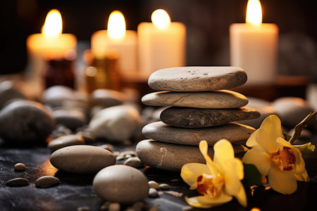 massage stones in a spa reception with winter decorations, created with generative aiの素材