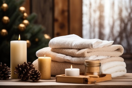 cozy wellness corner with plush towels and winter theme, created with generative aiの素材