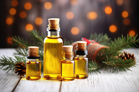 essential oils on table with wintery backdrop, created with generative aiの素材