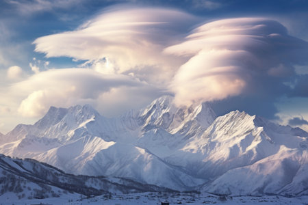 puffy white clouds above a snowy mountain range, created with generative aiの素材