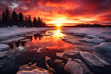 the sun setting over a frozen lake, created with generative aiの素材