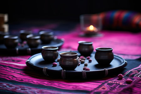 tiny tibetan singing bowls on a black yoga mat, created with generative aiの素材