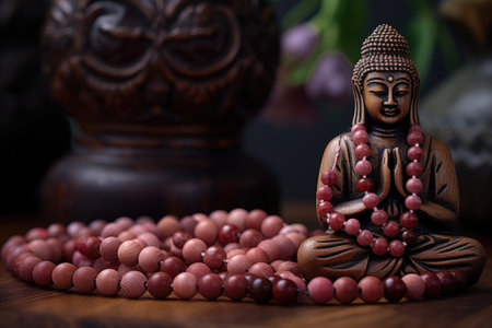 detailed shot of wooden beads mala near a buddha statue, created with generative aiの素材