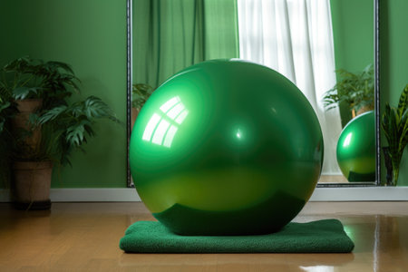 green yoga ball placed against a studio mirror, created with generative aiの素材