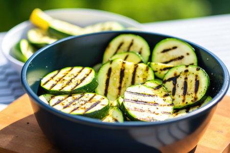 small bowl filled with zucchini slices with grill marks, created with generative aiの素材