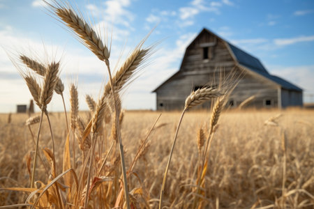 ears of wheat with a rustic, vintage barn in the background, created with generative aiの素材