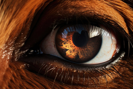 extreme close-up of a horses eye reflecting the racing track, created with generative aiの素材