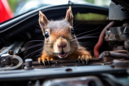 squirrel spotted inside a cars engine compartment, created with generative aiの素材