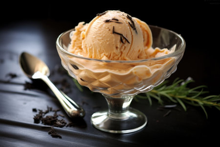 an earl grey tea flavored ice cream scoop in a clear glass bowl, created with generative aiの素材