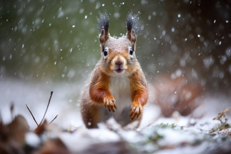 a squirrel scampering to find shelter in a sudden hail storm, created with generative aiの素材