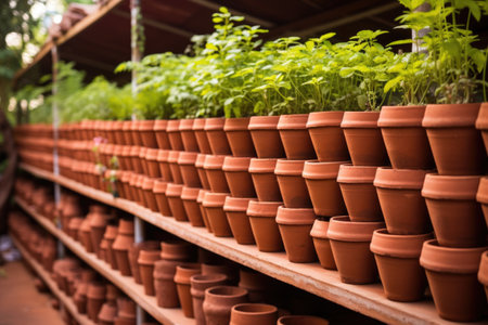 rows of terracotta pots containing ayurvedic remedies, created with generative aiの素材