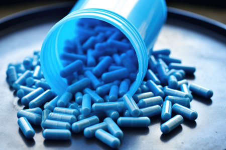 probiotic capsules spilling from a blue container, created with generative aiの素材