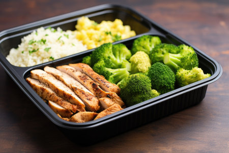 a meal prep box with rice, broccoli, and chicken, created with generative aiの素材