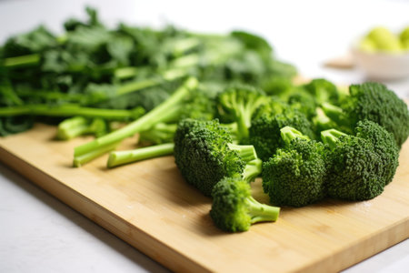 crispy, green broccoli florets on a white chopping board, created with generative aiの素材