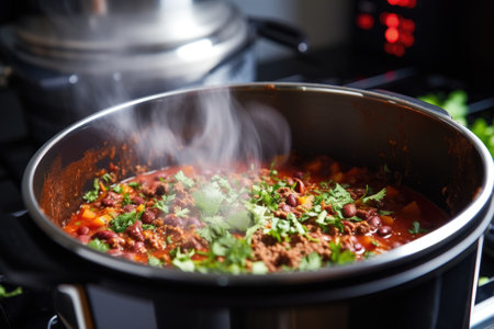 a mexican chili dish cooked in an instant pot, steam rising, created with generative aiの素材