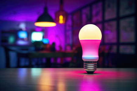glowing smart bulb in a room at night, created with generative aiの素材