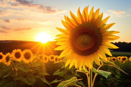 a sunflower in a field turning toward the sun, positivity, created with generative aiの素材