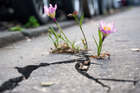 newly blossomed flowers in a cracked pavement, hope after struggle, created with generative aiの素材