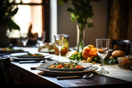 an untouched meal on a dining table, created with generative aiの素材
