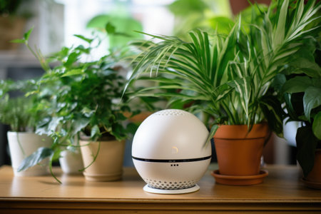 spherical virtual assistant device amongst house plants, created with generative aiの素材