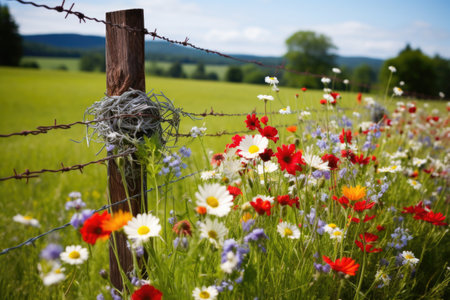 barricade wire in front of a vibrant, flower-filled meadow, created with generative aiの素材