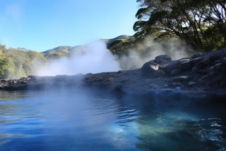 clear natural hot-spring with steam rising from its surface, created with generative aiの素材