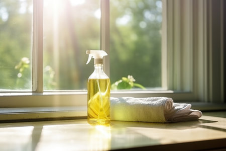 cleaning liquids beside a spotless window reflecting sunlight, created with generative aiの素材