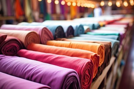 fabric rolls on a textile factory table, created with generative aiの素材