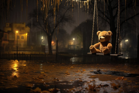teddy bear on a swing in a deserted night playground, created with generative aiの素材