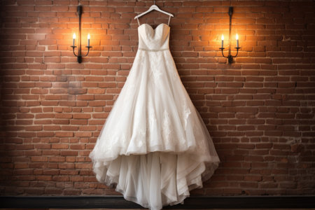 wedding dress on hanger against a brick wall with soft lighting, created with generative aiの素材