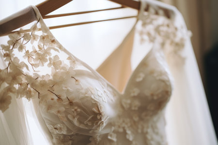 close-up of wedding dress details on the hanger, created with generative aiの素材