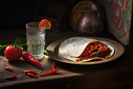a taco with a whole chili pepper on a rustic ceramic plate, with a glass of water, created with generative aiの素材