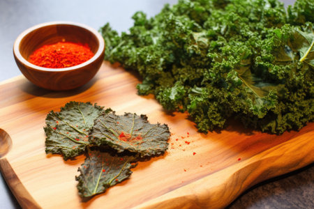 kale chips with a pinch of paprika on a wooden board, created with generative aiの素材