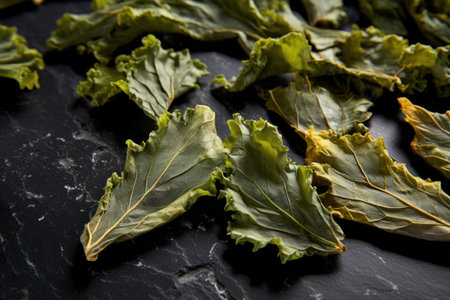 close up of kale chips on a black slate surface, created with generative aiの素材
