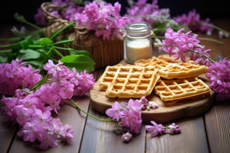 waffles placed on a wooden table, surrounded by fresh flowers, created with generative aiの素材