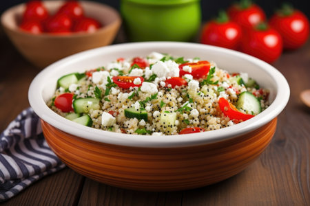 quinoa salad with feta cheese, tomatoes, and cucumbers in a ceramic bowl, created with generative aiの素材