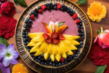 birds eye view of a raw vegan tropical fruit tart, created with generative aiの素材