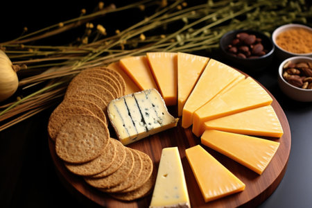 slices of gouda placed on top of a fan arrangement of rye crackers, created with generative aiの素材