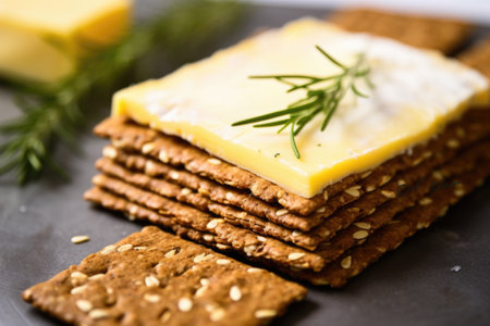zoomed view of rye cracker with shredded colby cheese on it, created with generative aiの素材